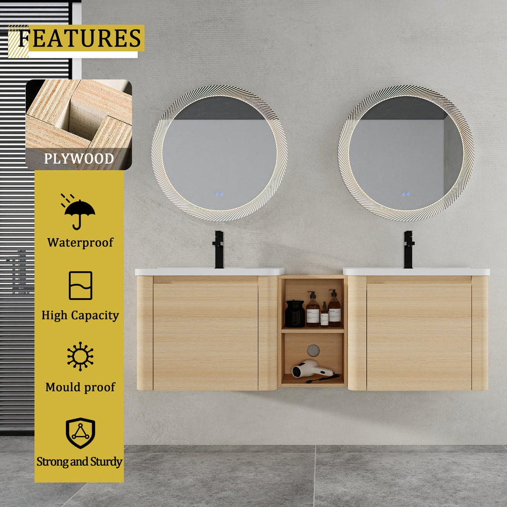 60'' Wall-Mounted Bathroom Vanity with Storage - Plywood
