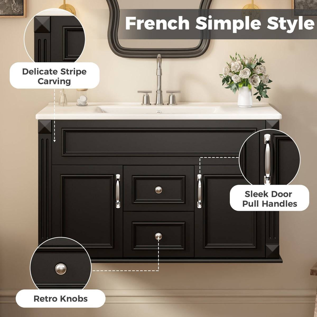36 Inch Wall Mounted Bathroom Vanity with Ceramic Sink - Multiple Colors