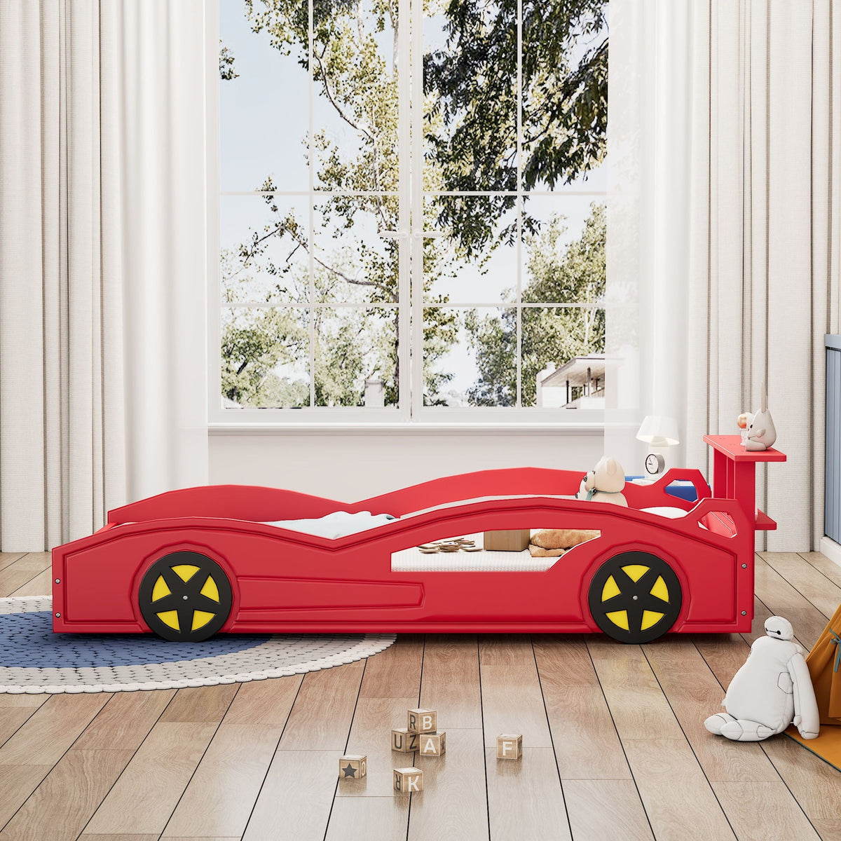 Race Car Platform Bed with Built-In Storage and Side Rails - Twin Size, Red or Blue
