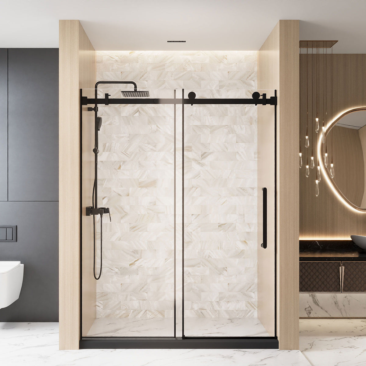 Frameless Single Sliding Shower Door with Square Tube Track - Black