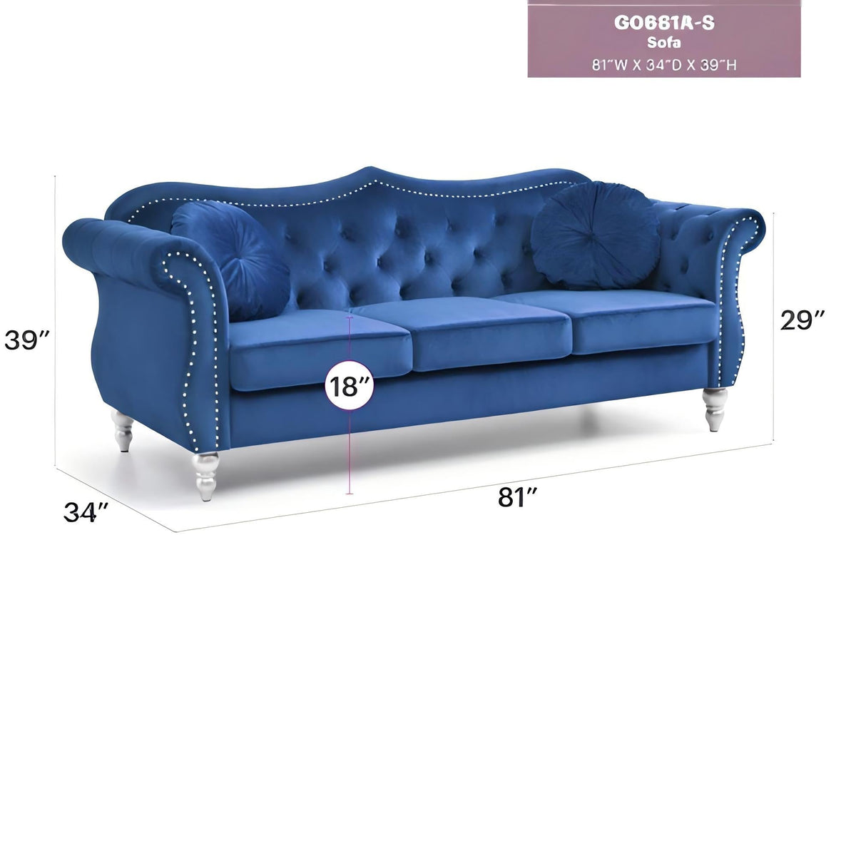 Hollywood Sofa with Tufted Back and Nailhead Trim - Multiple Colors