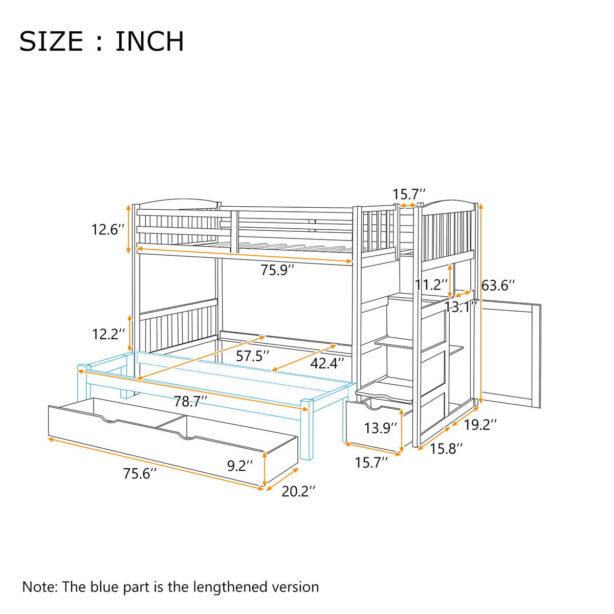 Convertible Twin Over Full Bunk Bed with Storage Shelves and Drawers - White or Dark Gray