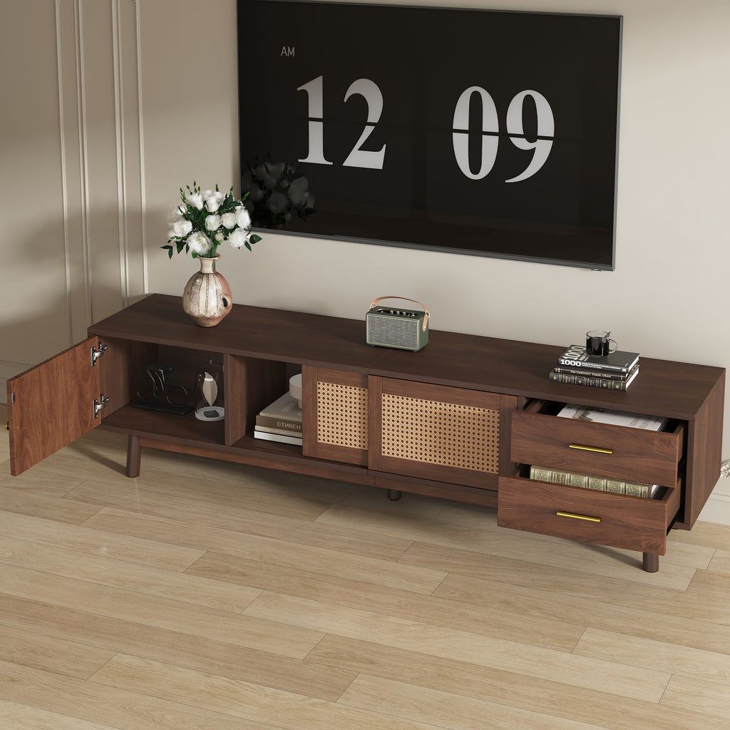 TV Stand for 80" TVs with Sliding Doors and Drawers - Dark Brown