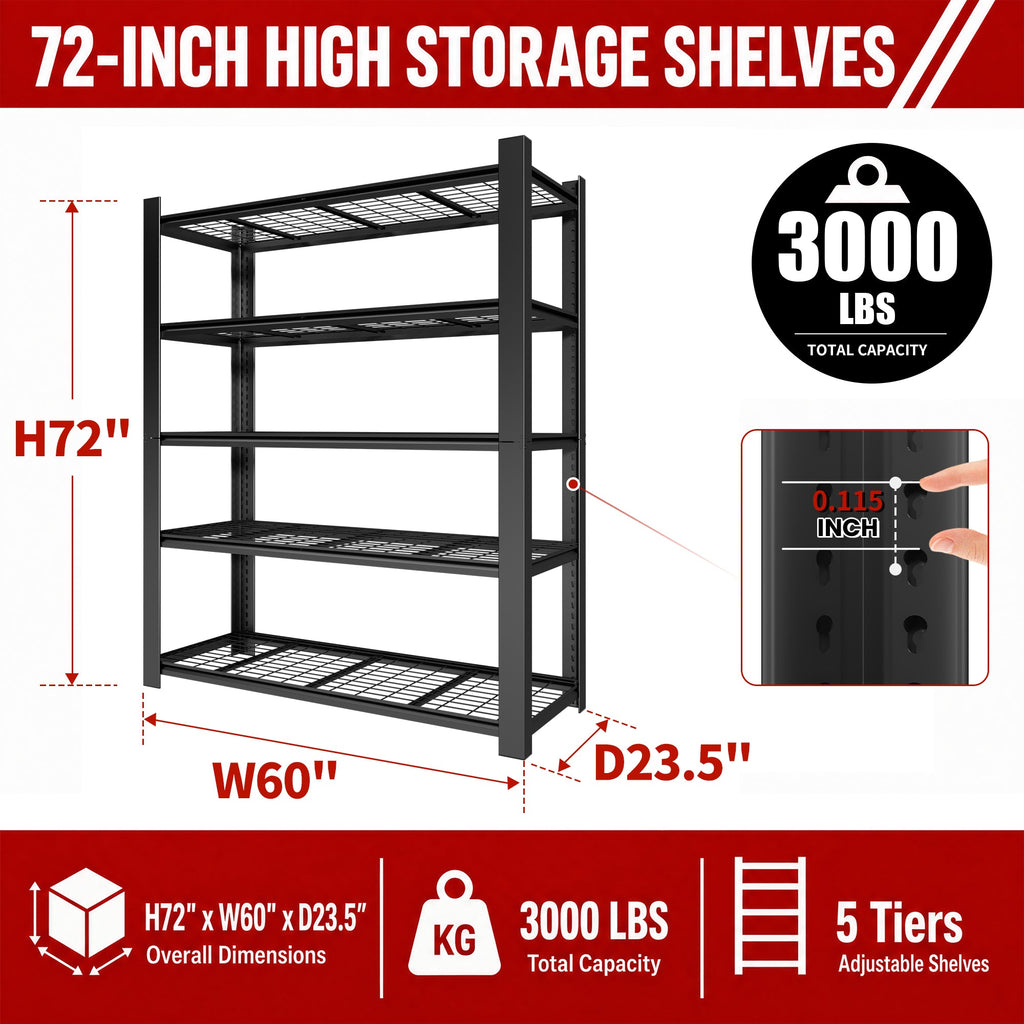72"H 5-Tier Adjustable Heavy Duty Shelving Rack with 3000 lb Capacity - Steel