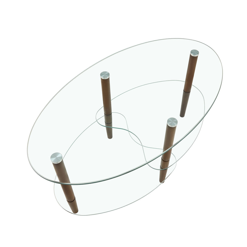 Transparent Oval Glass Coffee Table with 3-Layer Tempered Glass - White or Light Brown