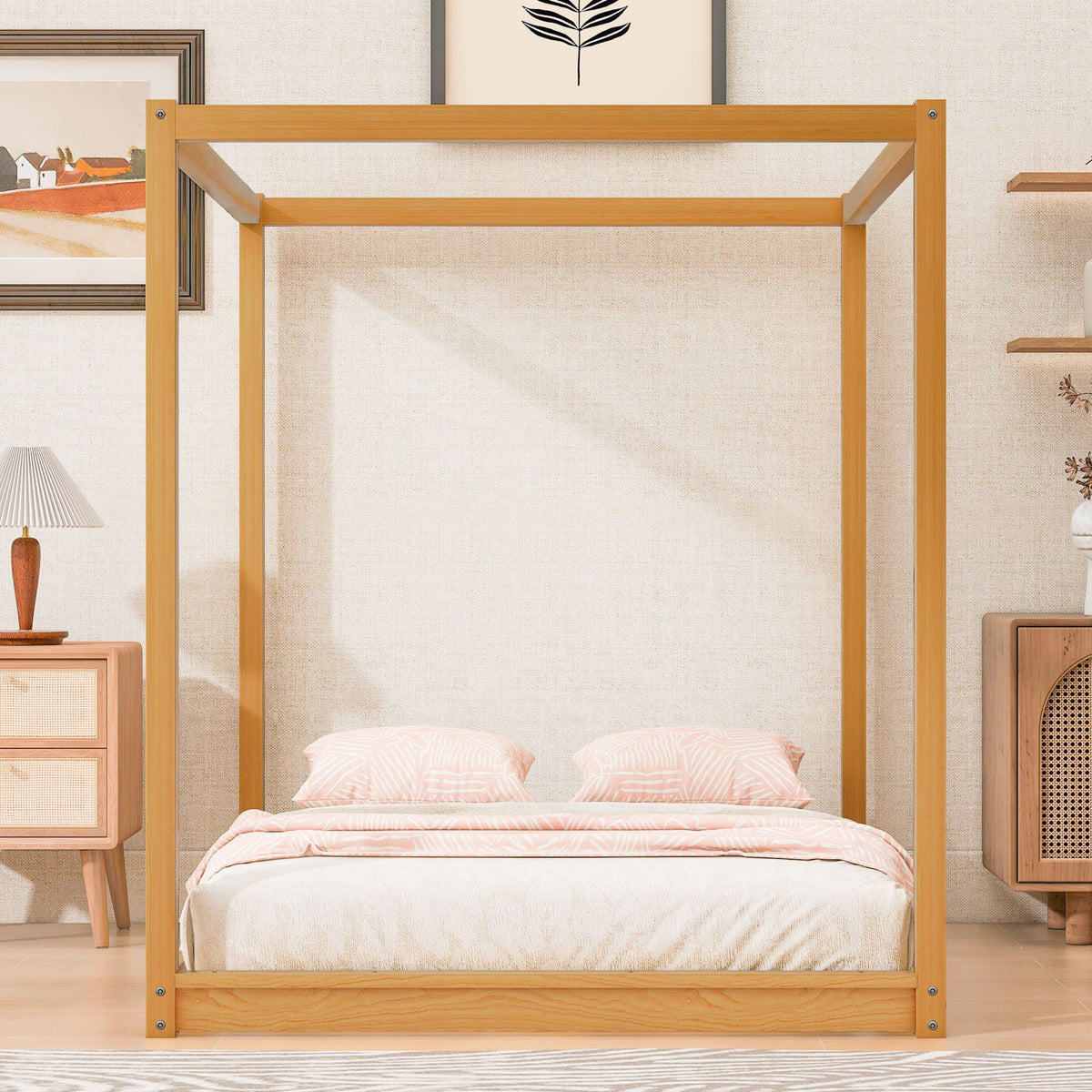 Wood Canopy Platform Bed with Airflow Slats and Support Legs - White or Light Brown