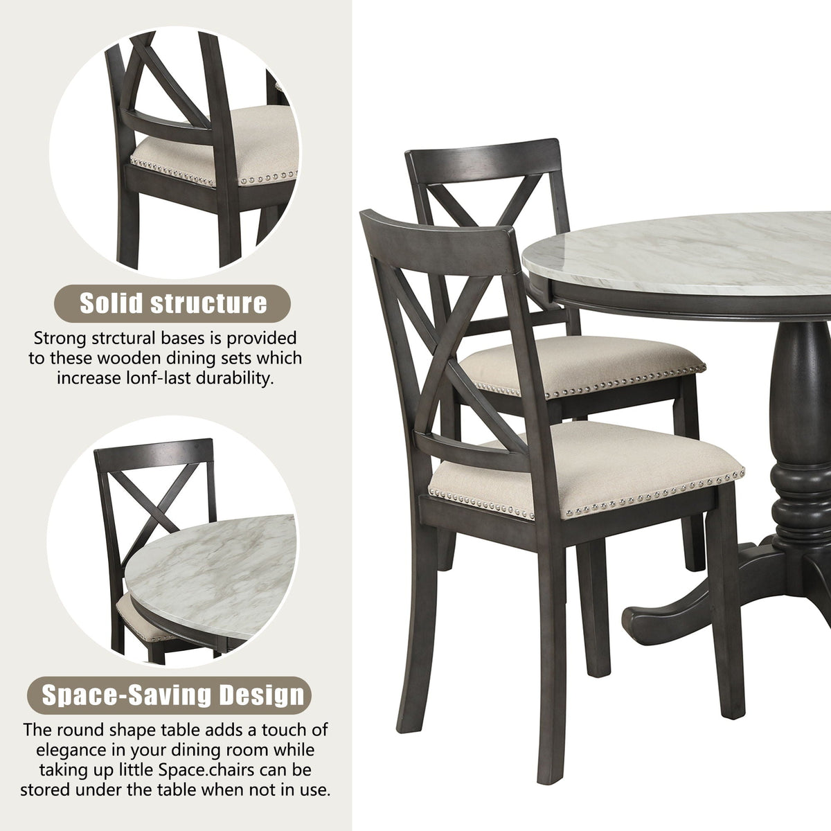 Solid Wood 5 Piece Dining Room Set with Table and 4 Chairs - White or Dark Gray
