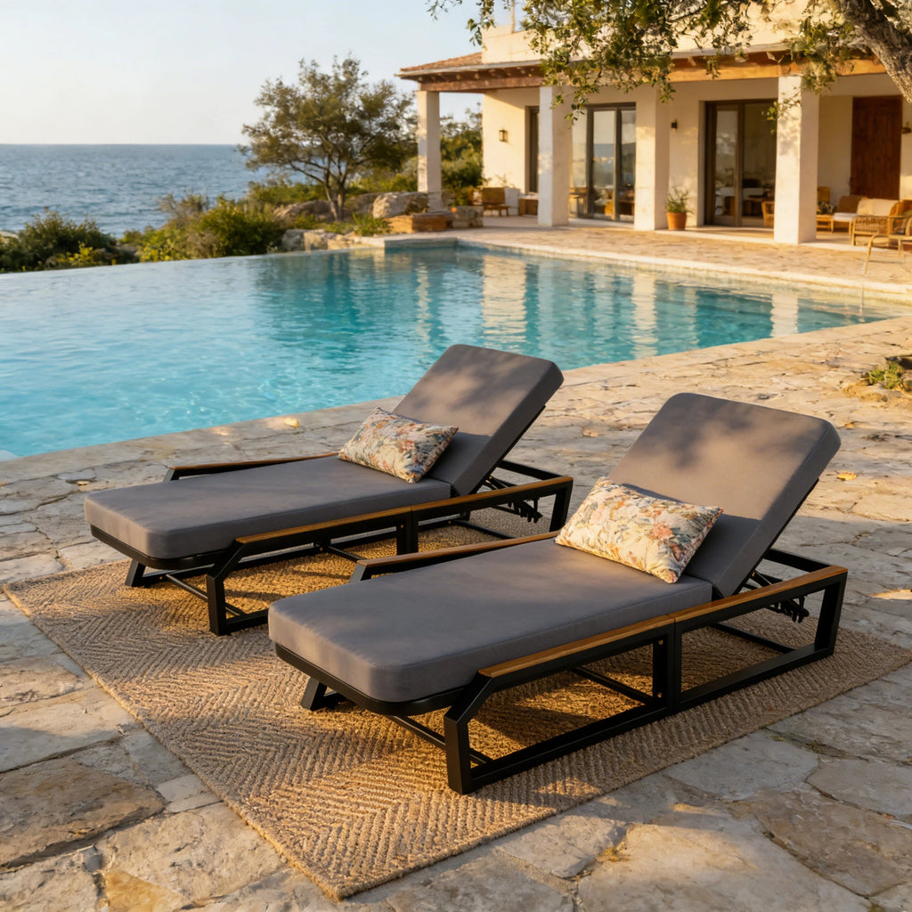 Adjustable 5-Position Outdoor Chaise Lounge with Cushion - Black, Grey, Teak or Cream, Teak, White
