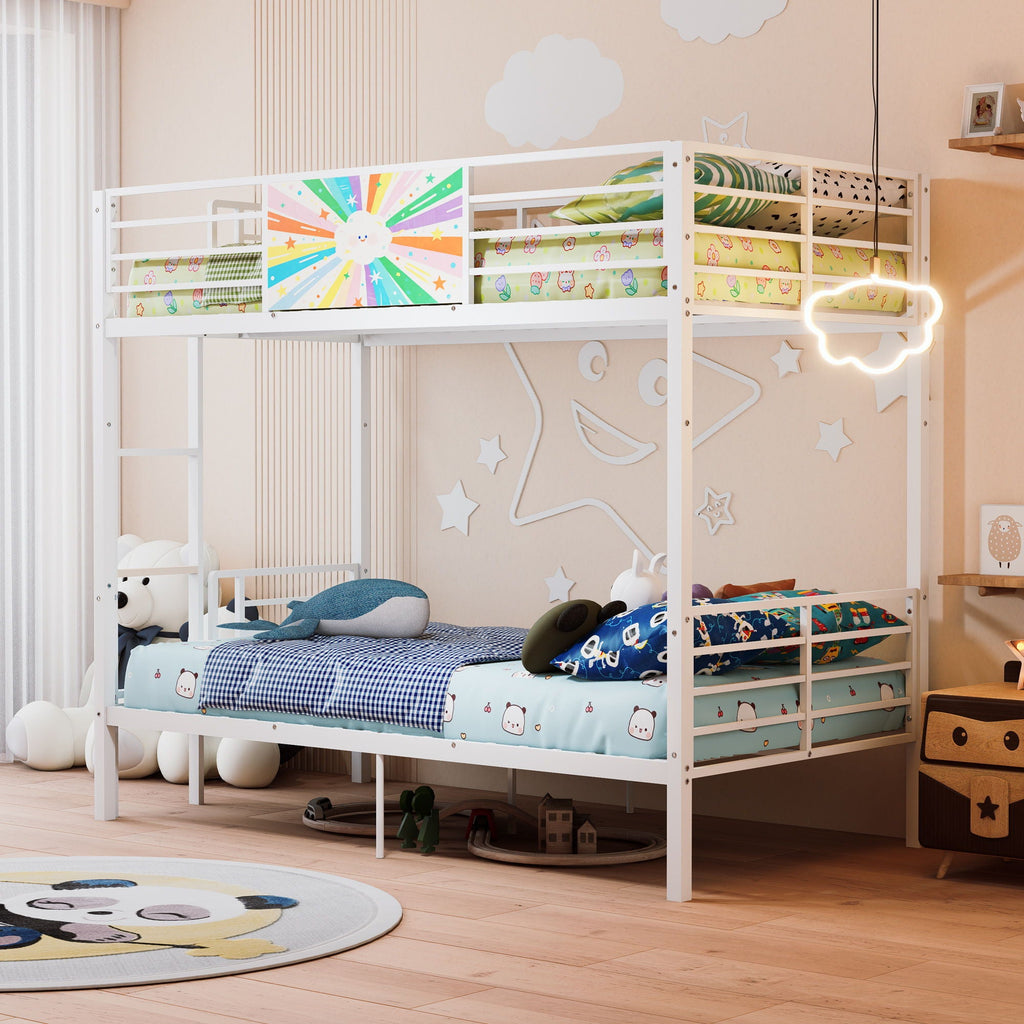 Convertible Metal Bunk Bed with Full-Length Guardrail and Ladder - White