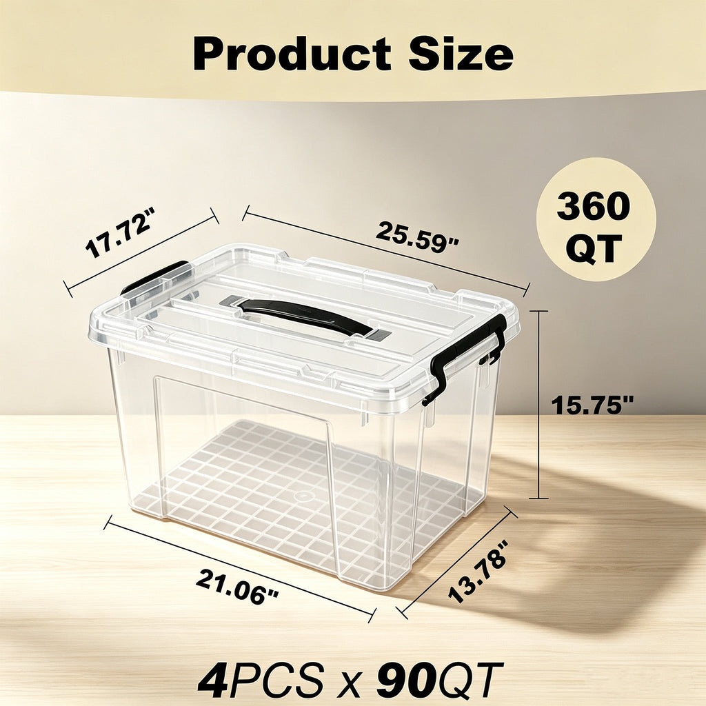 90 QT Plastic Storage Bins with Lids - 4 Pack, Heavy-Duty