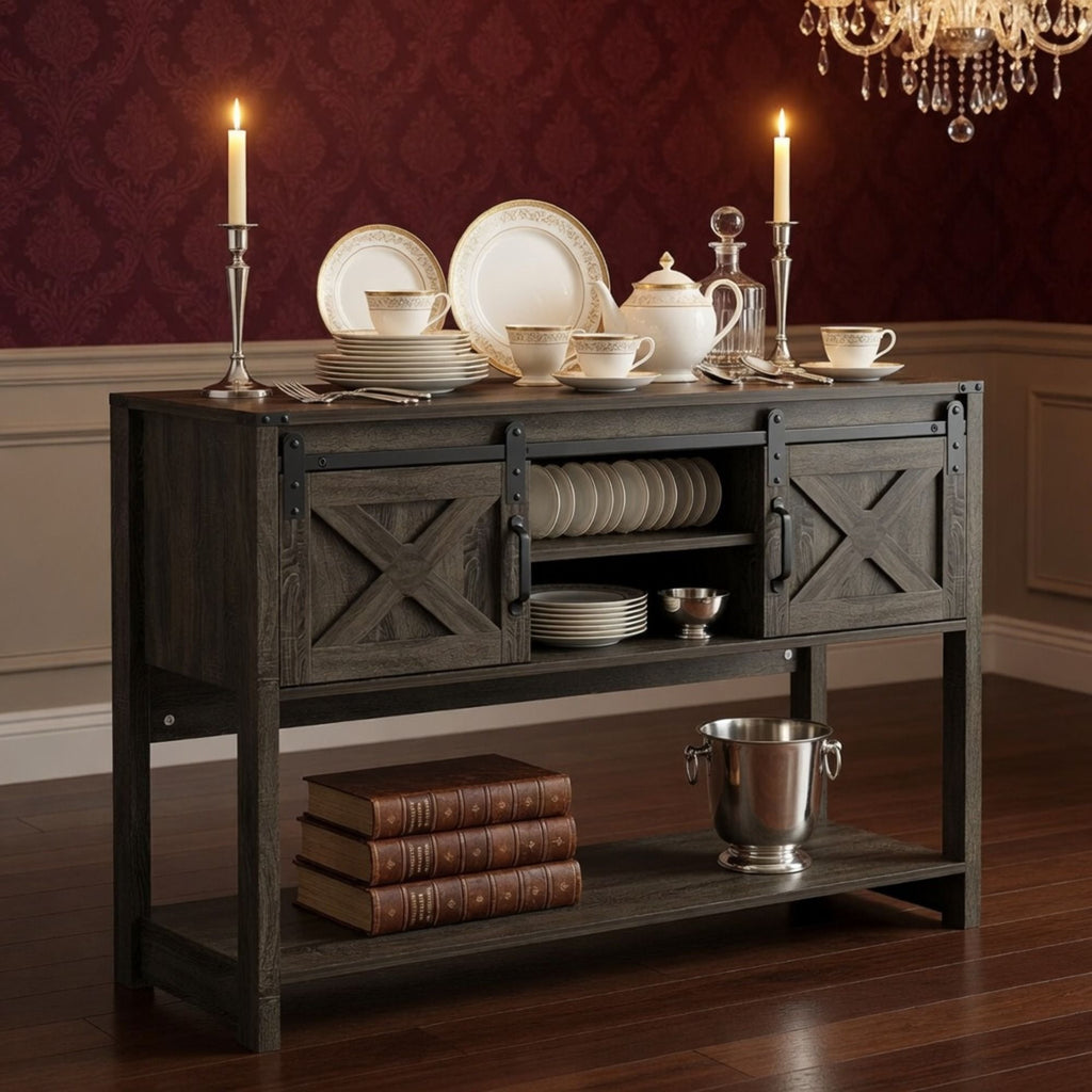 Farmhouse Entryway Table with Sliding Barn Door - Gray, Dark Gray, White, Black