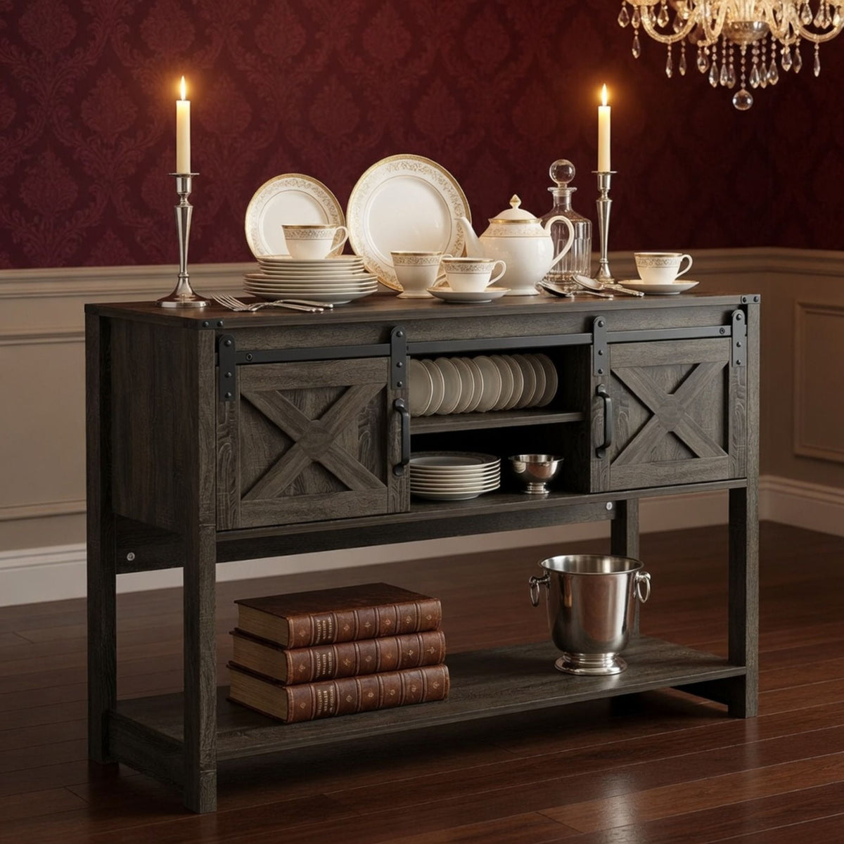Farmhouse Entryway Table with Sliding Barn Door - Gray, Dark Gray, White, Black