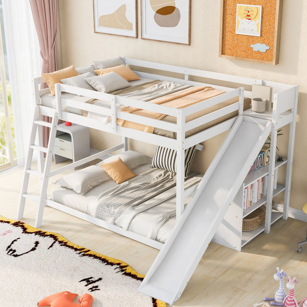 Bunk Bed With Ladder, Slide, and Shelves - Pine Wood, Full Over Full