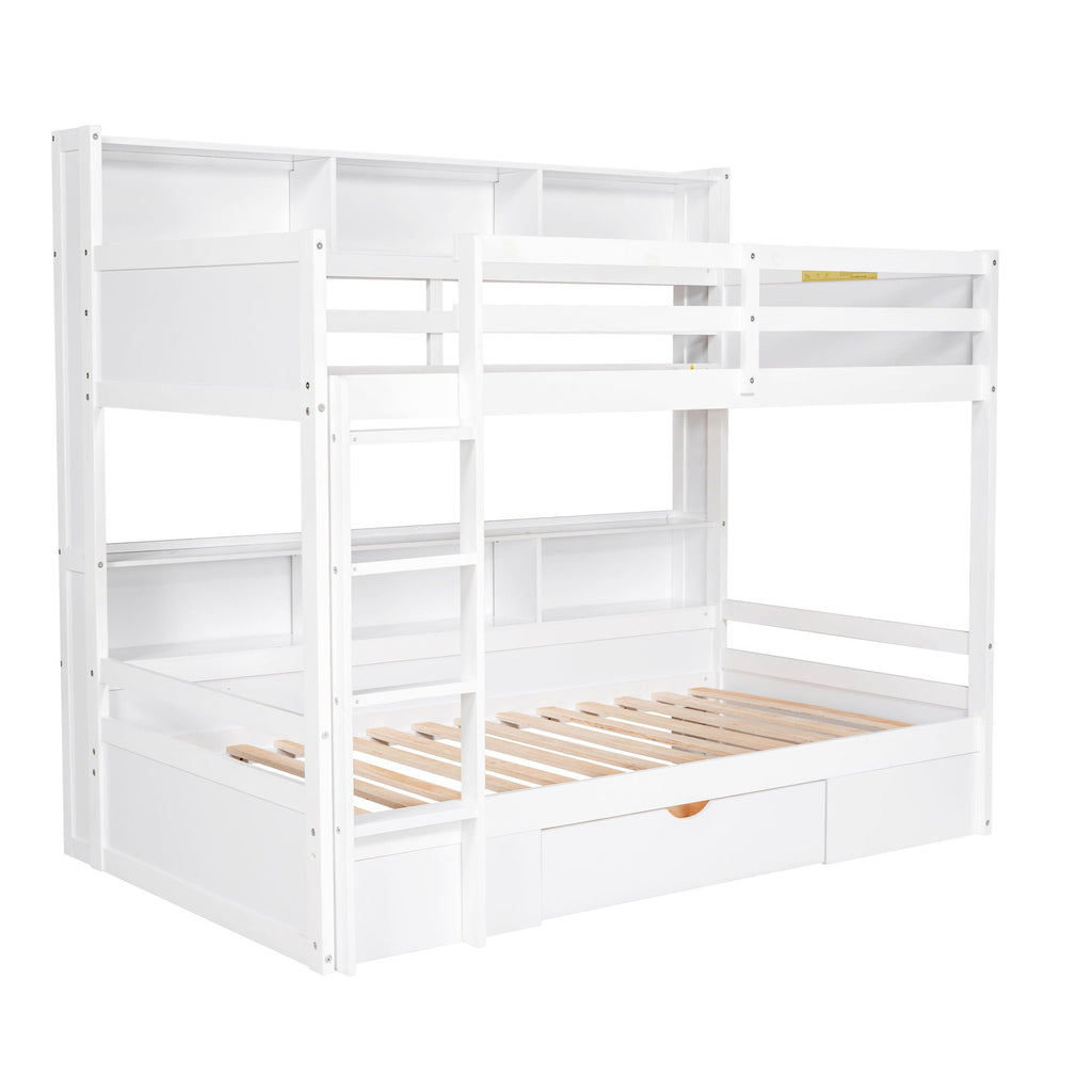 Twin Size Bunk Bed with Built-In Shelves and Storage Drawer - Dark Gray or White