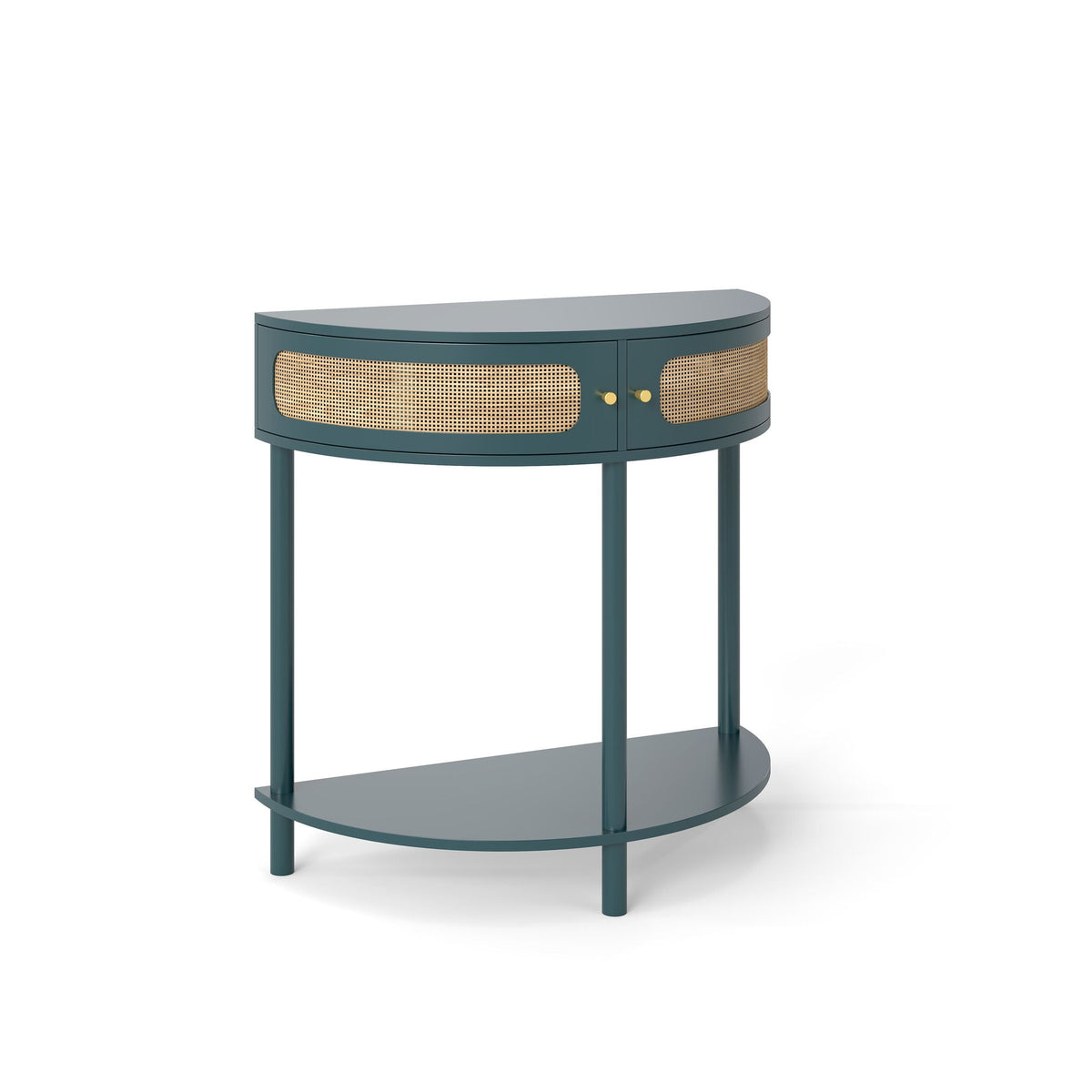 Boho Rattan Semi Circle End Table with Sliding Door and Storage - Black or Dark Green