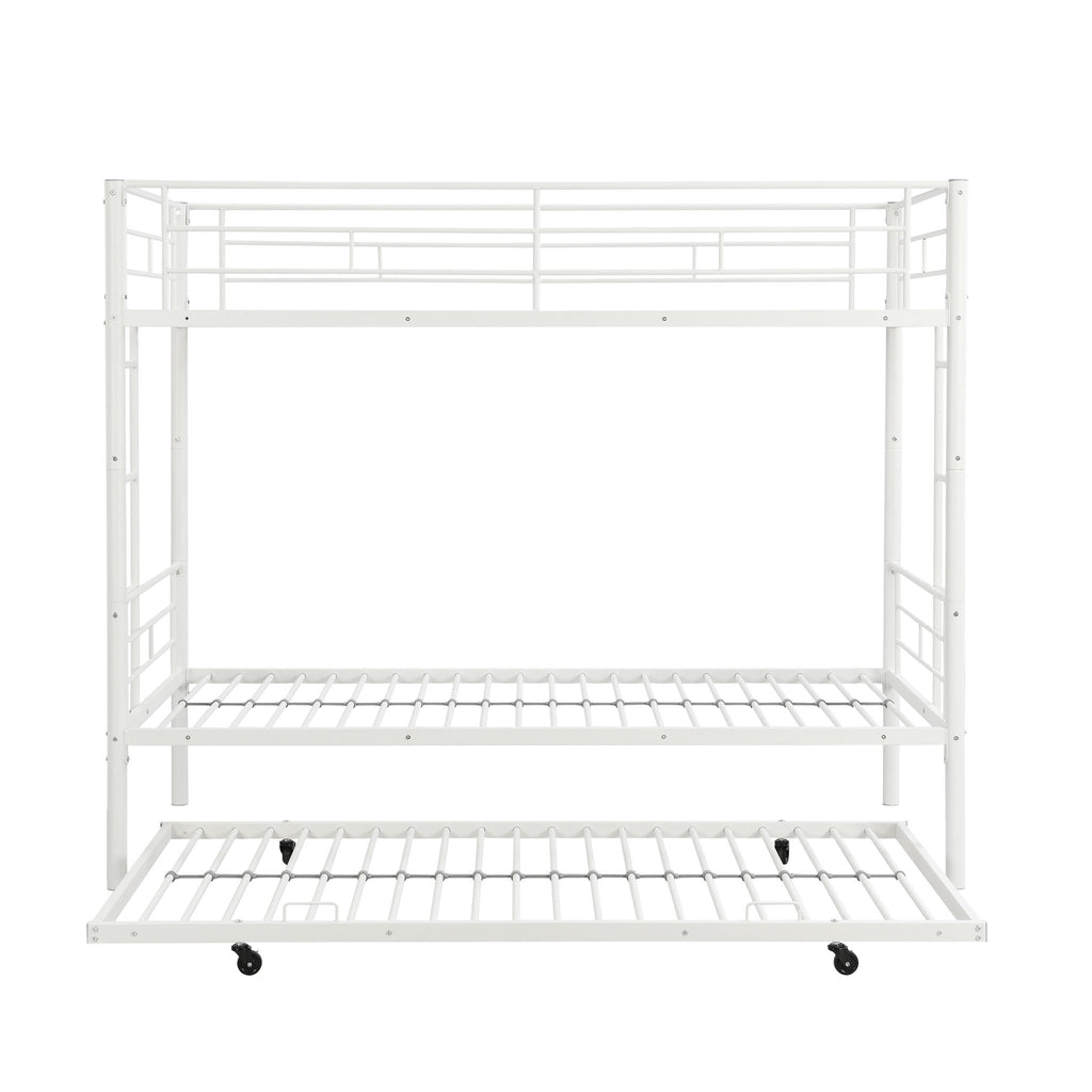 Twin Over Twin Bunk Bed with Trundle - Sturdy Metal Frame - Pearl Silver, White, or Pink