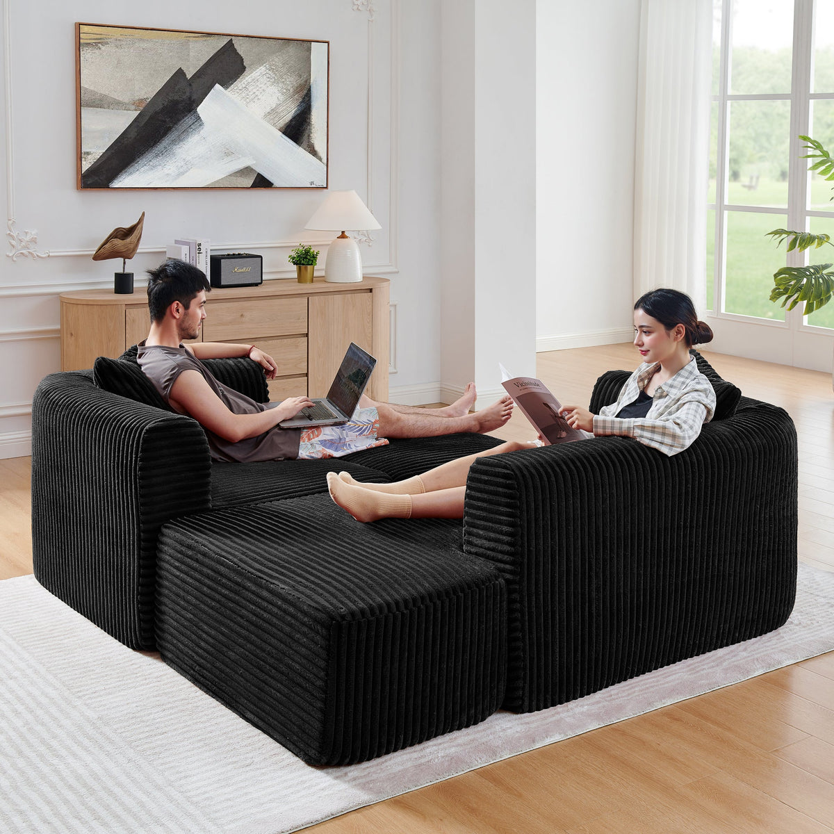114" Cloud Sectional Couch with L-Shape Chaise – Corduroy Modular Sofa - Black or Grey