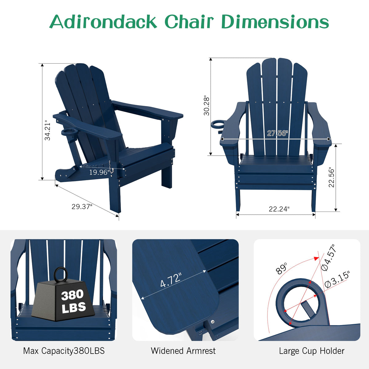 Foldable HDPE Adirondack Chair with Built-In Cup Holder - Dark Blue