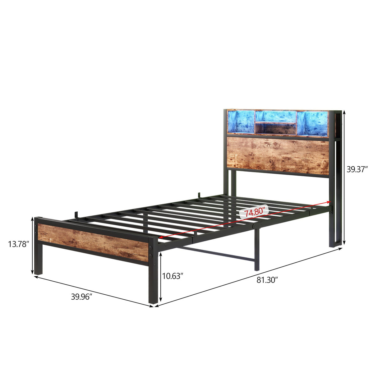 Modern Twin Size Metal Platform Bed Frame with Storage Headboard & Charging Station - Brown