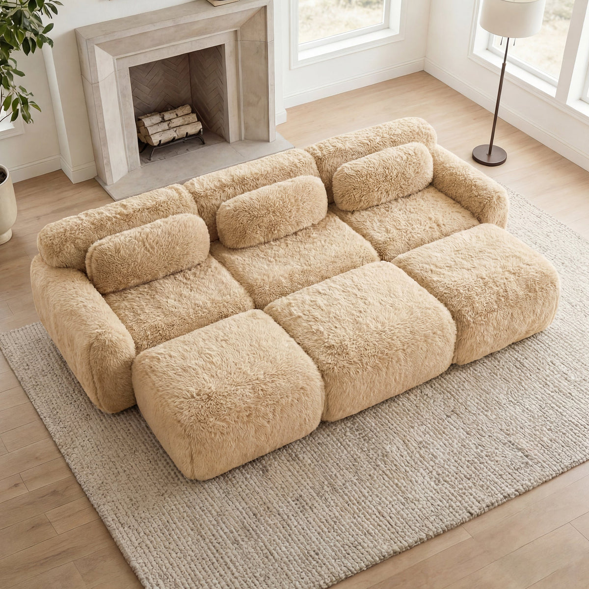 Plush Fabric 3-Seater Sofa with Movable Ottoman - Soft, Modular Comfort