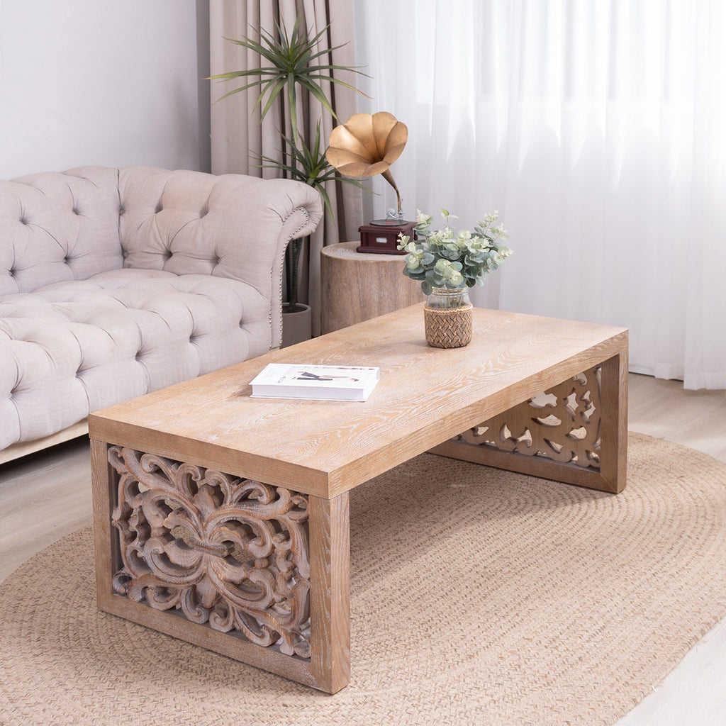 Rustic Carved Wood Coffee Table with Handcrafted Look - Light Brown or Black
