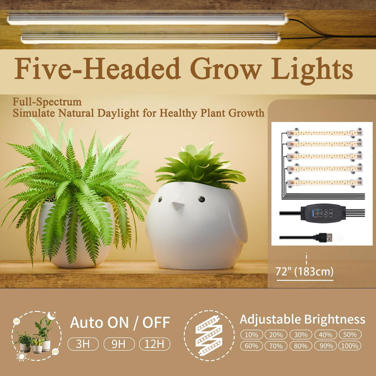 9 Tiered Indoor Plant Stand with 5 Adjustable Grow Lights - Light Brown