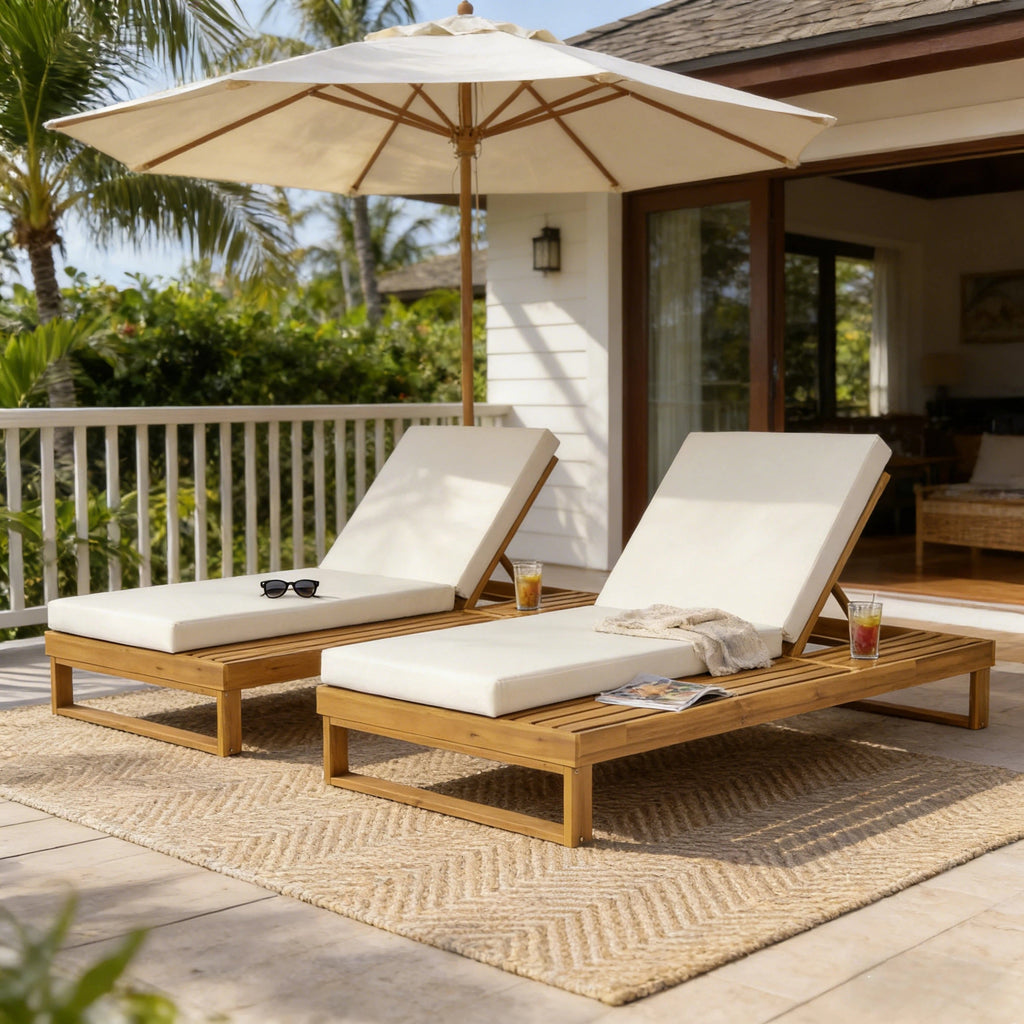 Teak Finish Acacia Wood Chaise Lounge with 4-Inch Cushion - Cream