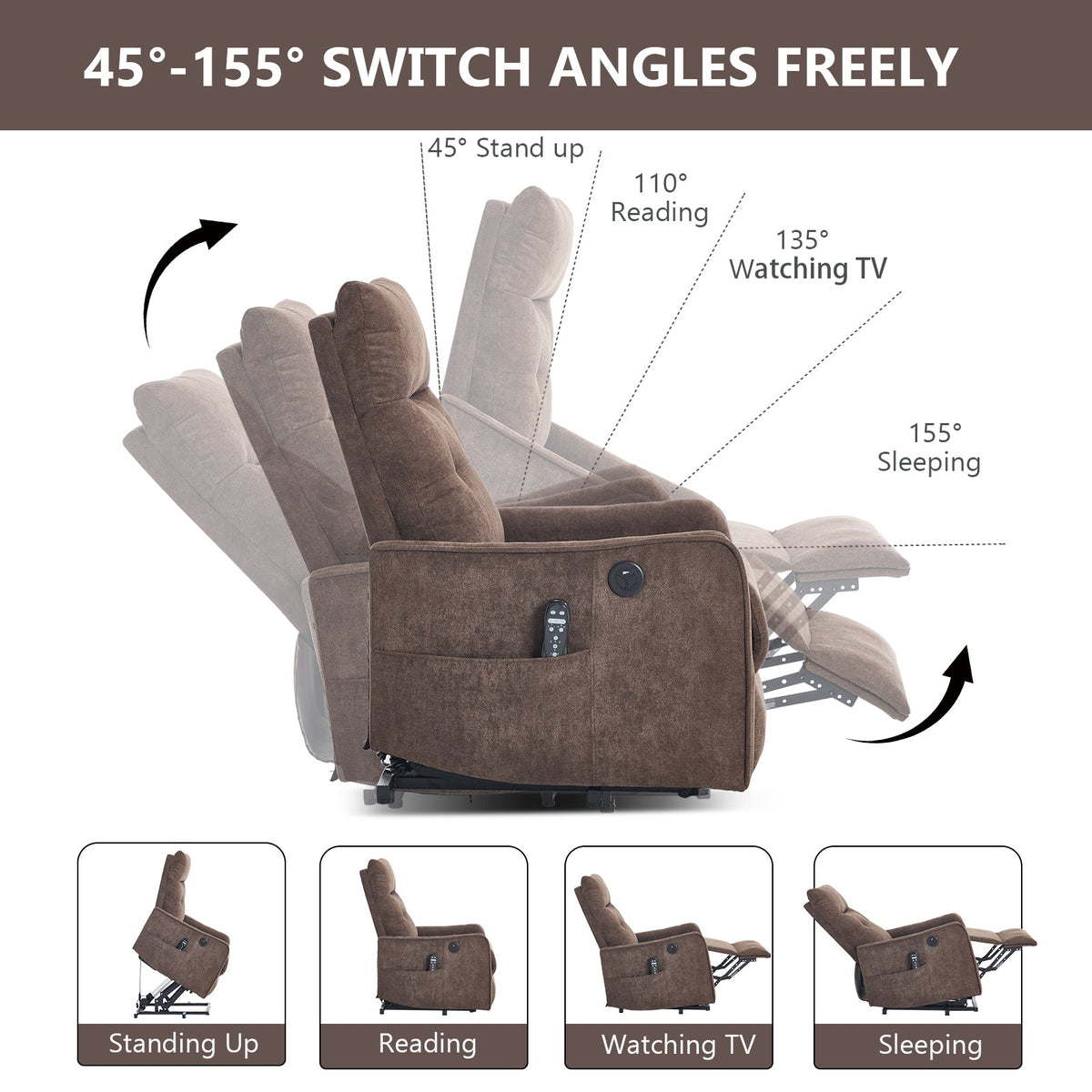 Brown Chenille Power Lift Recliner Chair