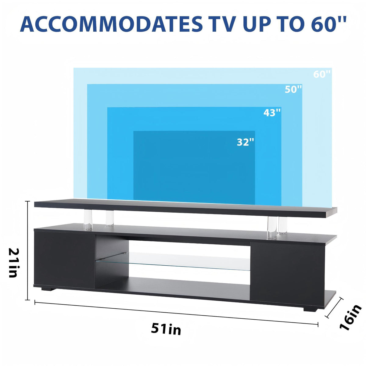 TV Stand with LED and Large Side Cabinet - White, Black, or Gray
