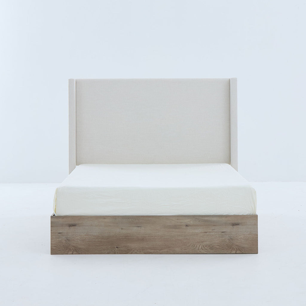 Queen Upholstered Wingback Bed with 54" High Headboard - Ivory / Light Gray / Camel Oak