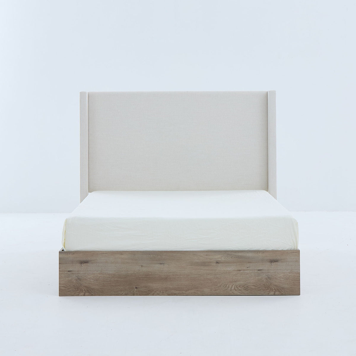 Queen Upholstered Wingback Bed with 54" High Headboard - Ivory / Light Gray / Camel Oak