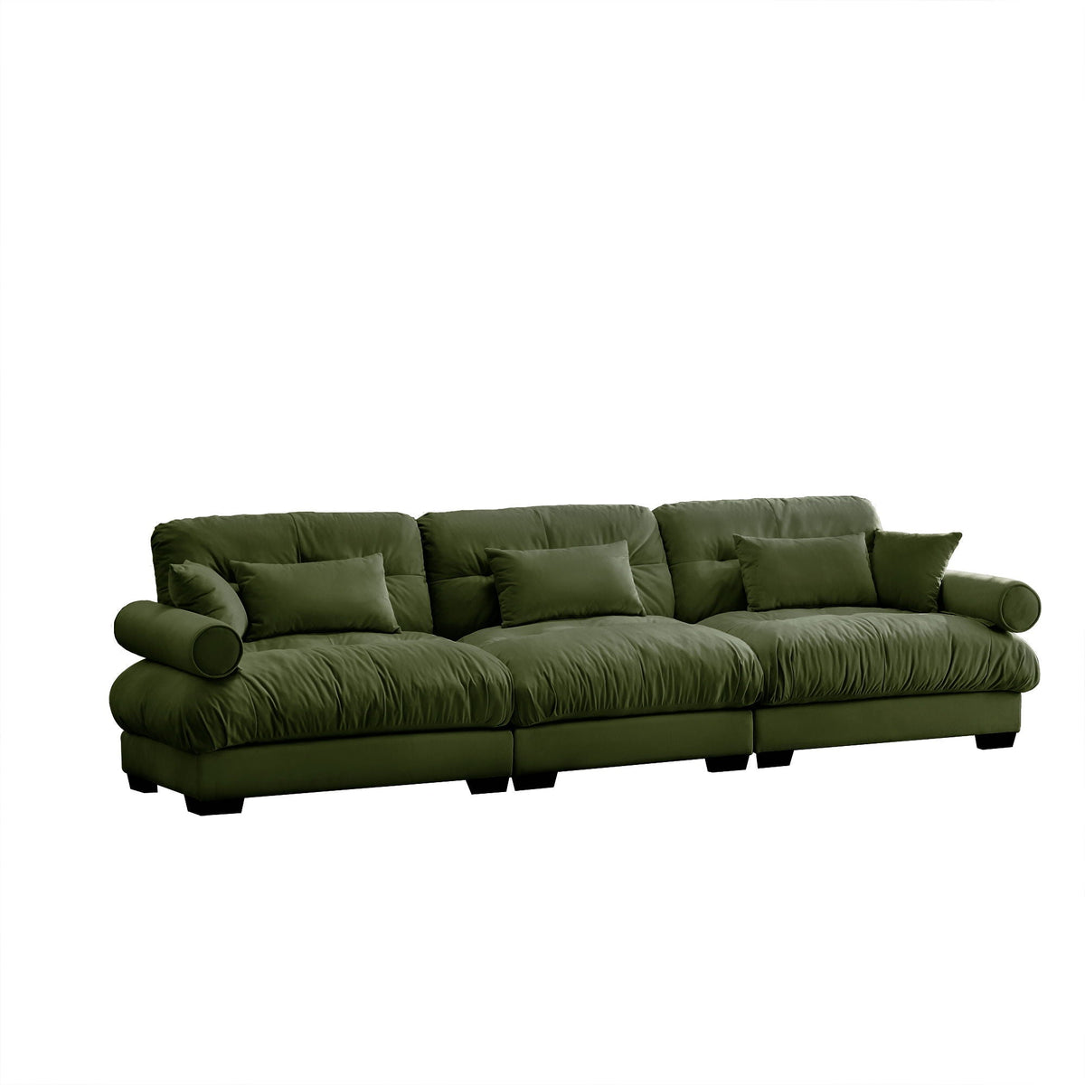 Modern Sofa with Bolstered Armrests and Pillows - Beige or Dark Green