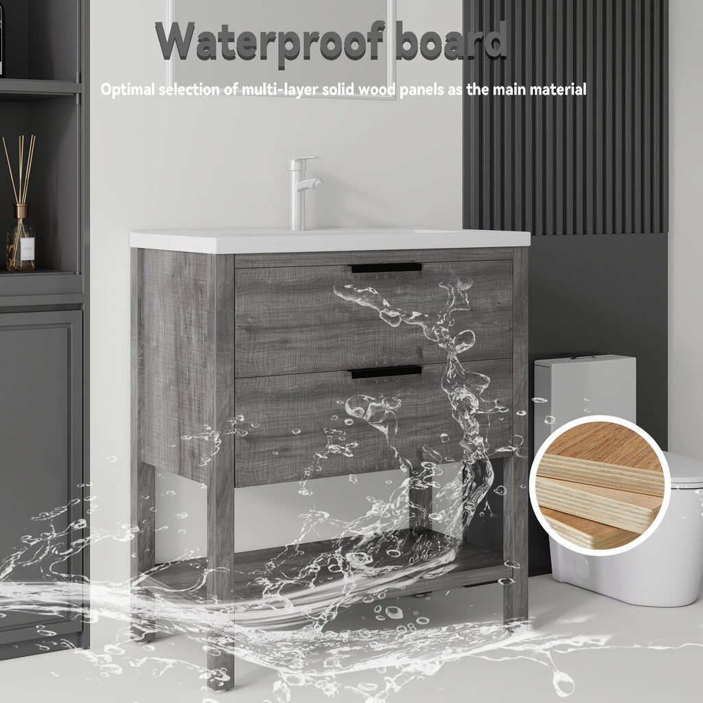 36 Inch Freestanding Bathroom Vanity with Ceramic Sink and Soft-Close Drawer - Grey