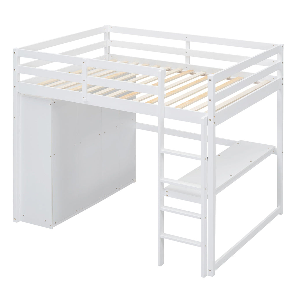Full Size Loft Bed with Built-In Wardrobe, Shelves, and Drawers - White or Dark Gray