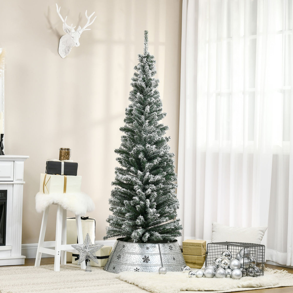 6' Slim Artificial Christmas Tree with Snow-Flocked Finish - White