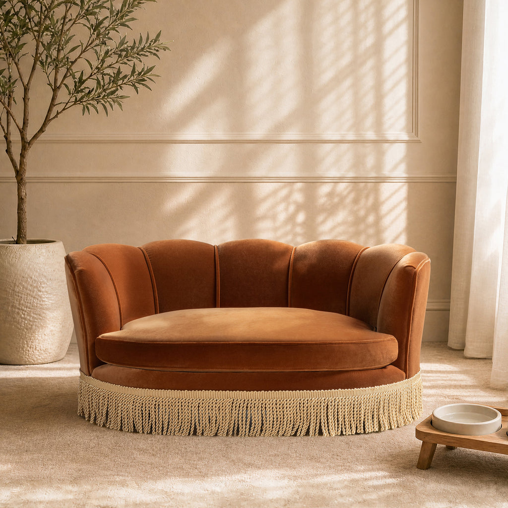 Clara Scalloped Pet Sofa Bed with Velvet Upholstery - Medium, Burnt