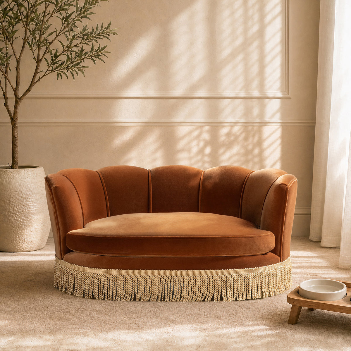 Clara Scalloped Pet Sofa Bed with Velvet Upholstery - Medium, Burnt