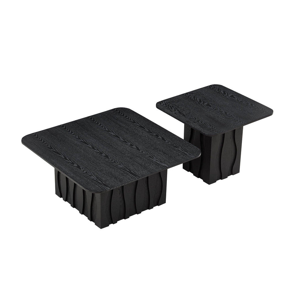 Nesting Square Coffee Table Set with Wavy Fluted Base - Wood Veneer