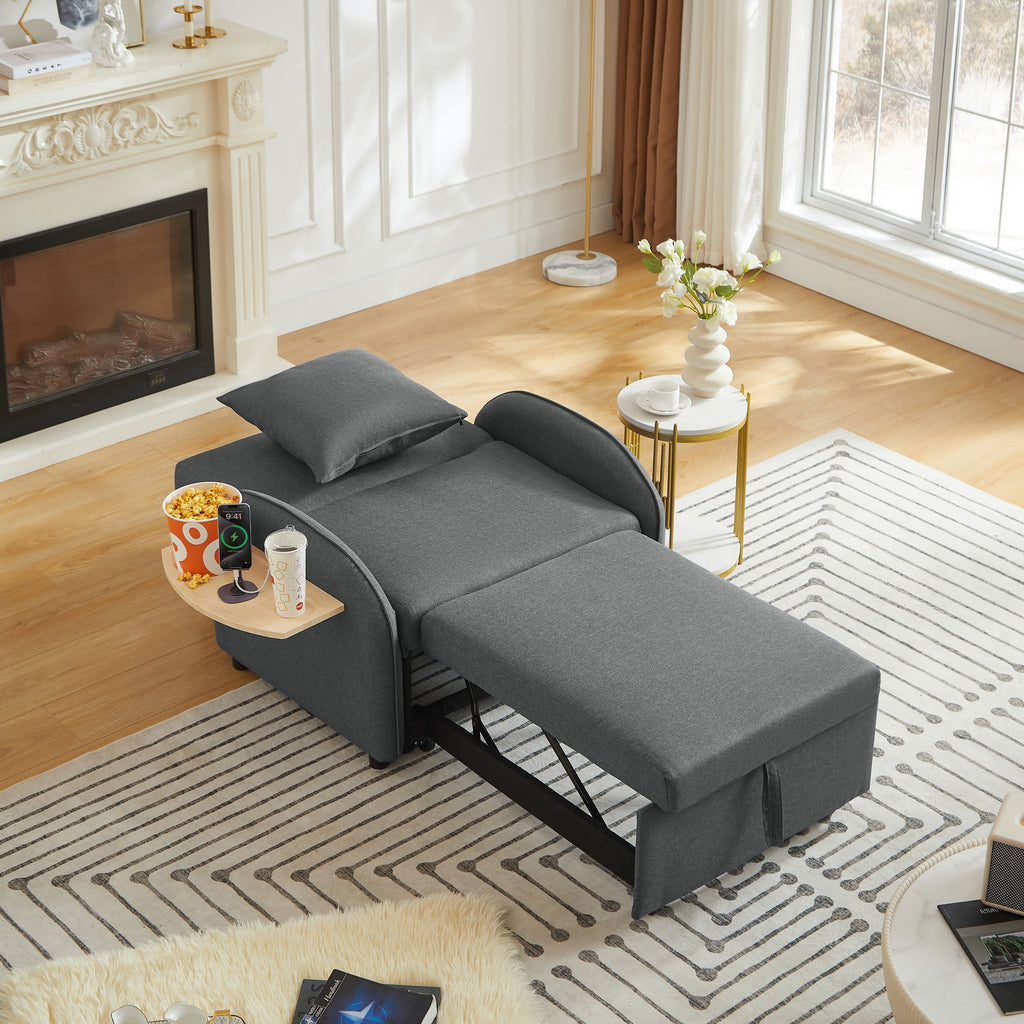 3-in-1 Convertible Sleeper Sofa Chair Bed with USB & Foldable Table - Linen