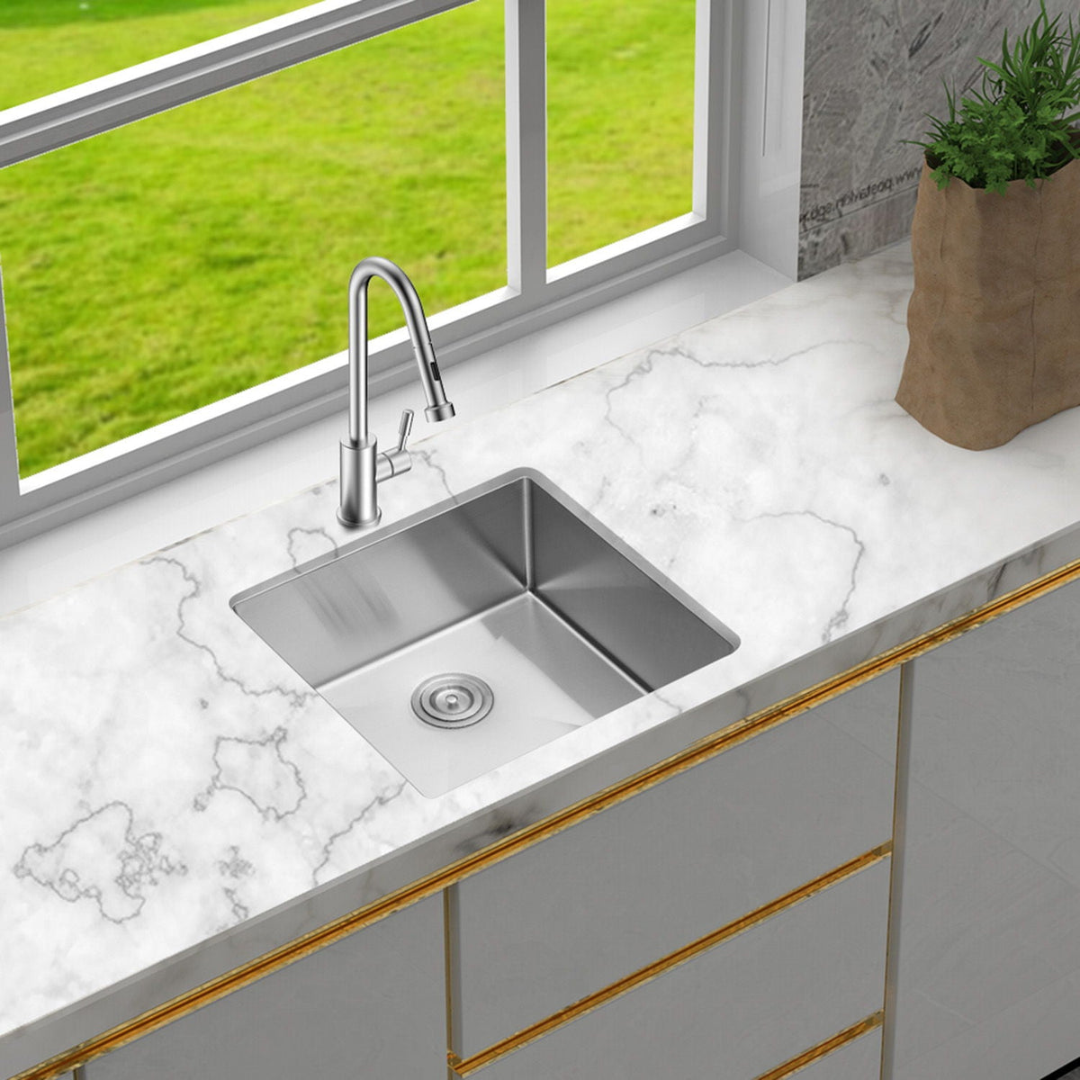 Gray Undermount Steel Kitchen Sink with Deep Single Bowl Basin
