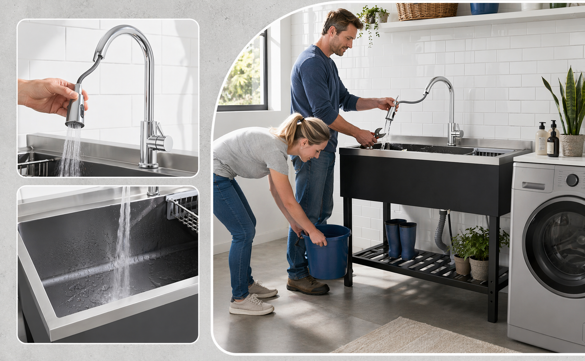 Stainless Steel Utility Sink with Pull-Out Faucet - Silver & Black