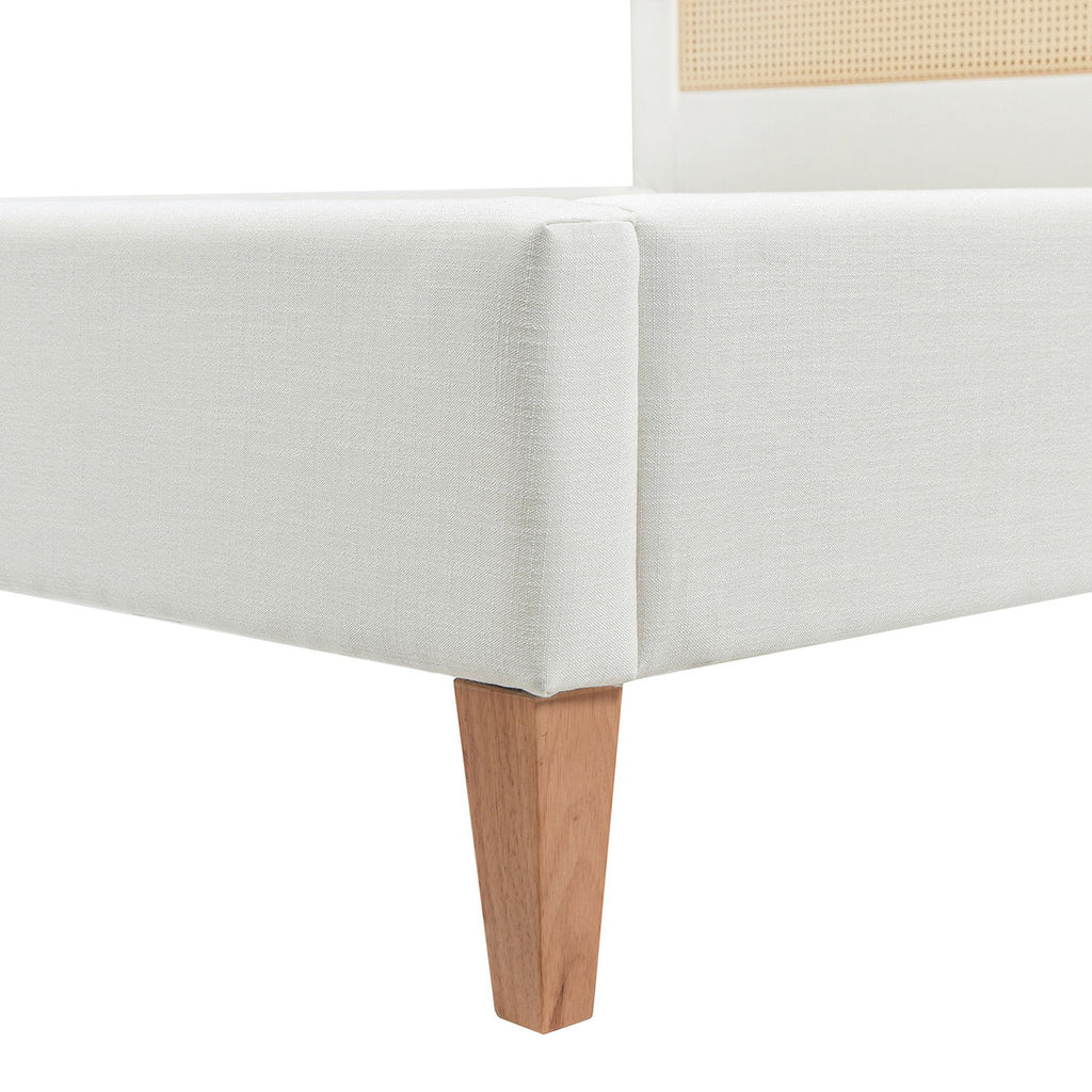 Upholstered Cane Back Platform Bed with Resin Wicker - White