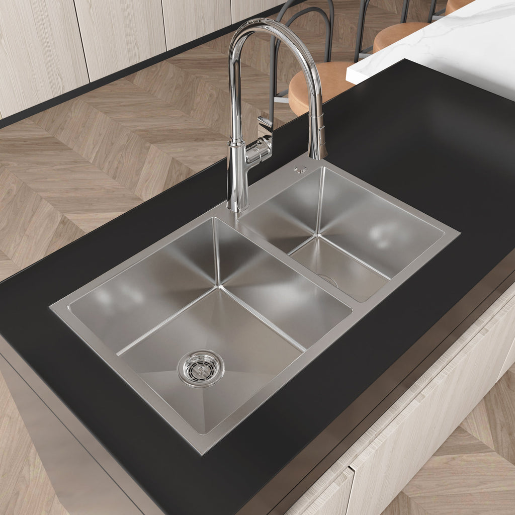 Stainless Steel Kitchen Sink with Double Bowl - Brushed Nickel