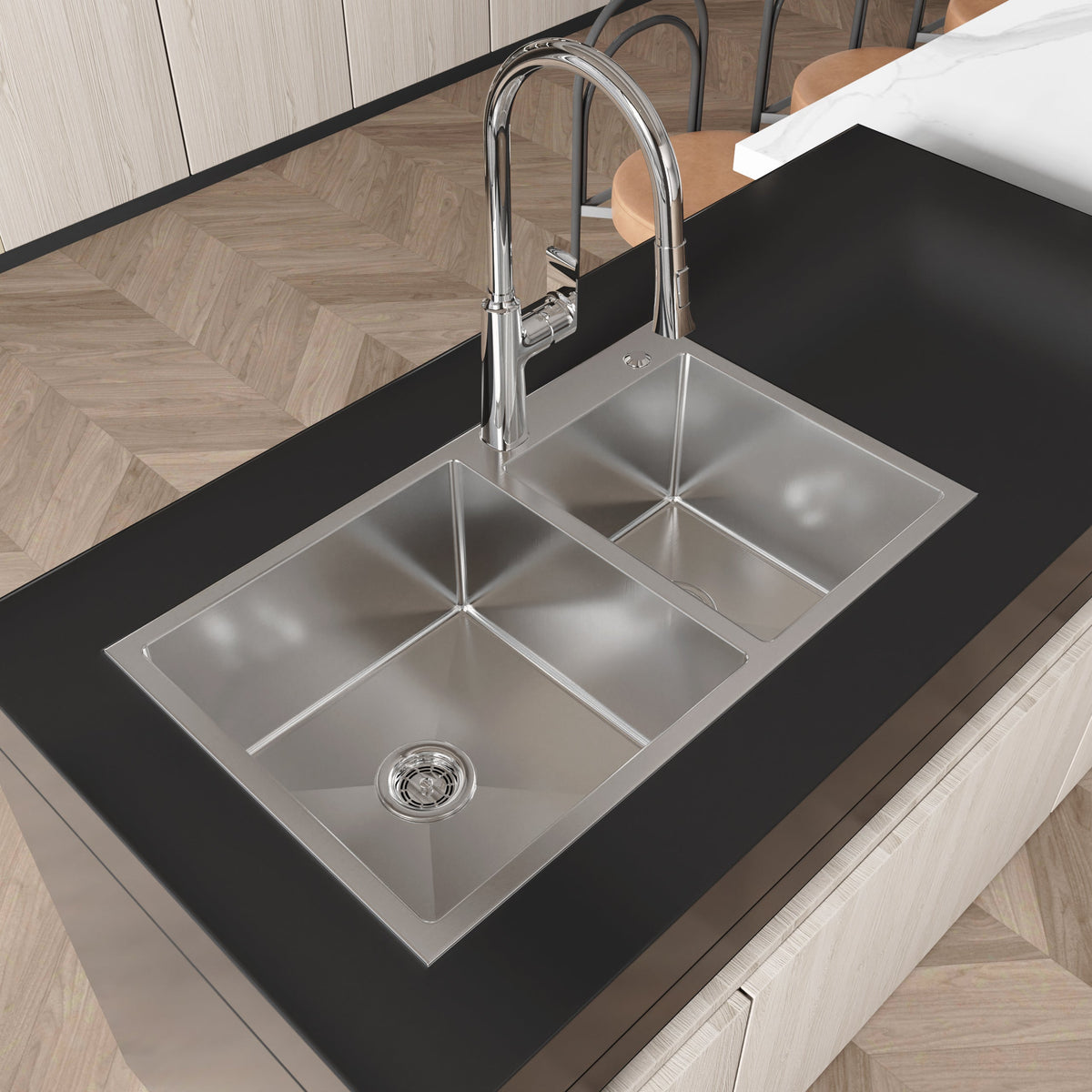 Stainless Steel Kitchen Sink with Double Bowl - Brushed Nickel