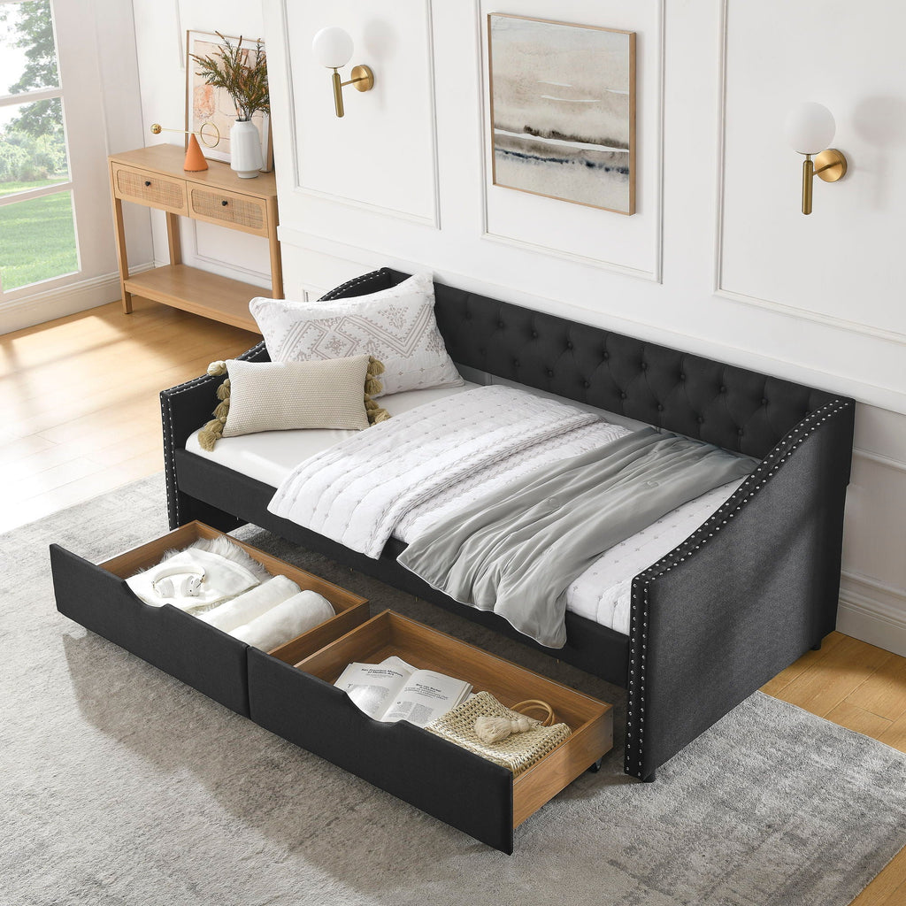 Upholstered Tufted Daybed with 2 Drawers and Waved Arms - Multiple Colors