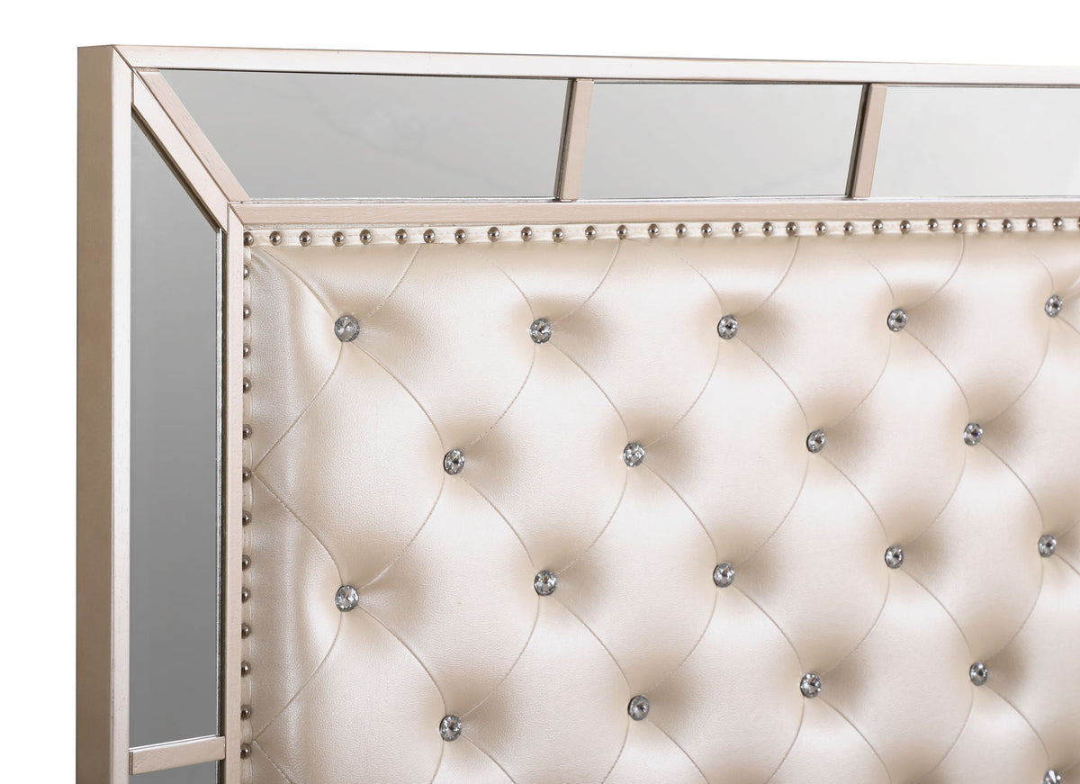 Contemporary Panel Bed with Mirrored Accents - Beige or Pearl Silver