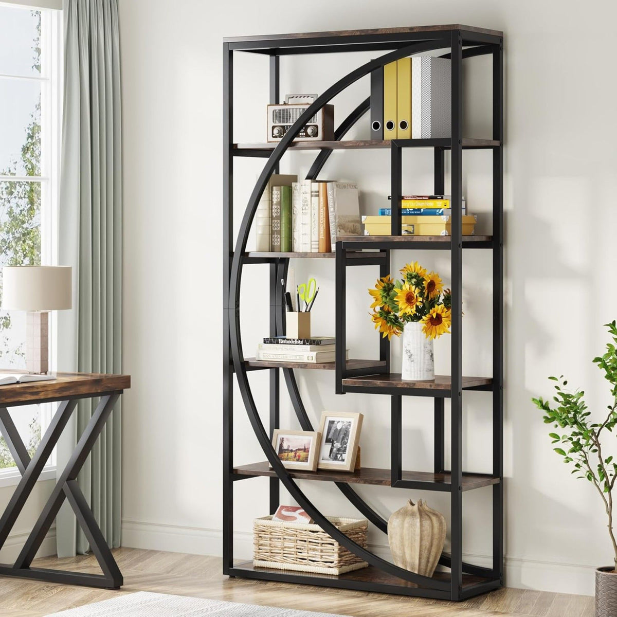 5 Tier Etagere Bookshelf with 8 Open Shelves - Dark Brown or Dark Gray