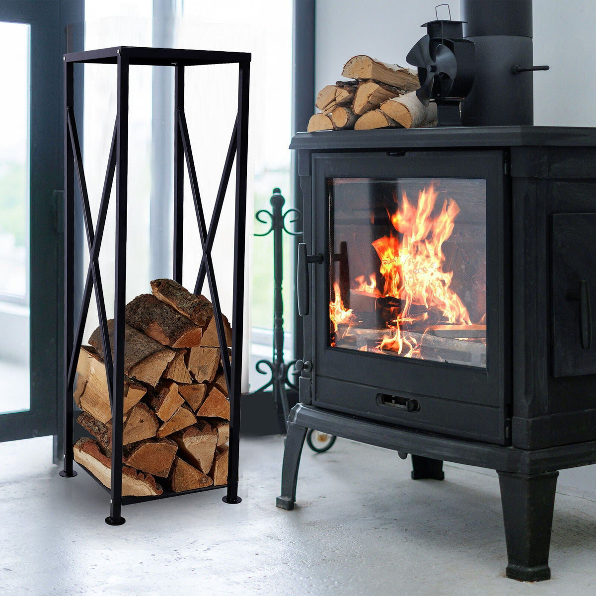 Decorative Firewood Storage Log Rack Holder with Openwork Design - Black