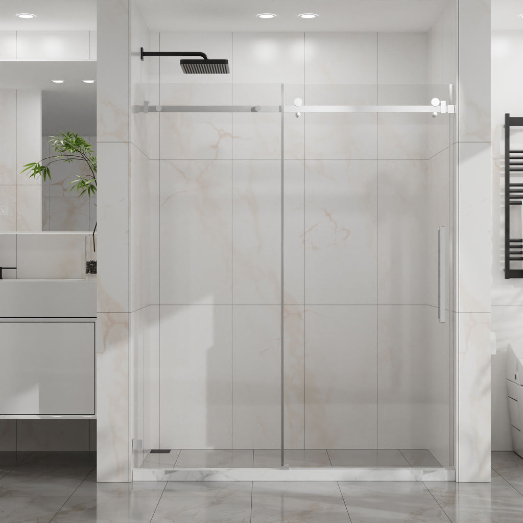 Frameless Tub Sliding Shower Door with Easy Clean Coating - Black or Pearl Silver
