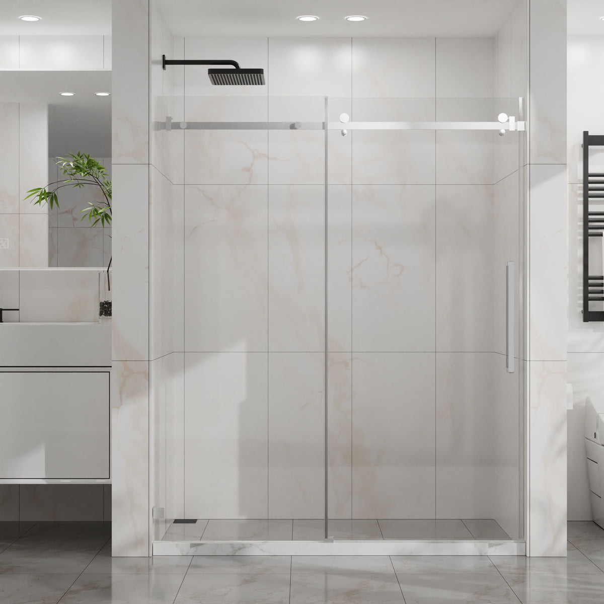 Frameless Tub Sliding Shower Door with Easy Clean Coating - Black or Pearl Silver